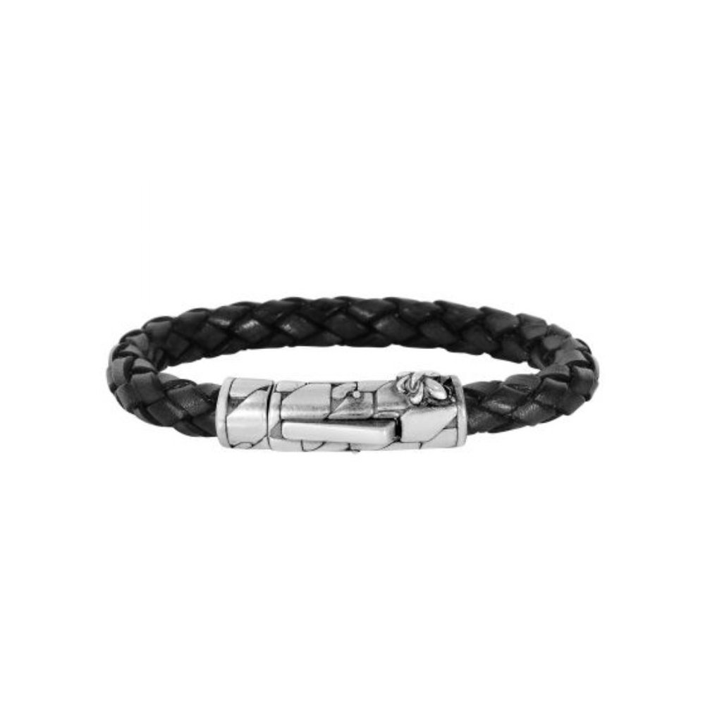 8" Black Leather 8mm Braided Round Bracelet
